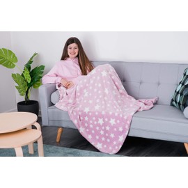 FiNeWaY Glow in The Dark Throw Blanket Flannel Moon Star Unicorn Gifts for Kids Girls Boys Adults Bedroom Cosy Warm Super Soft Plush Fleece Faux Fur (Stars Pink)