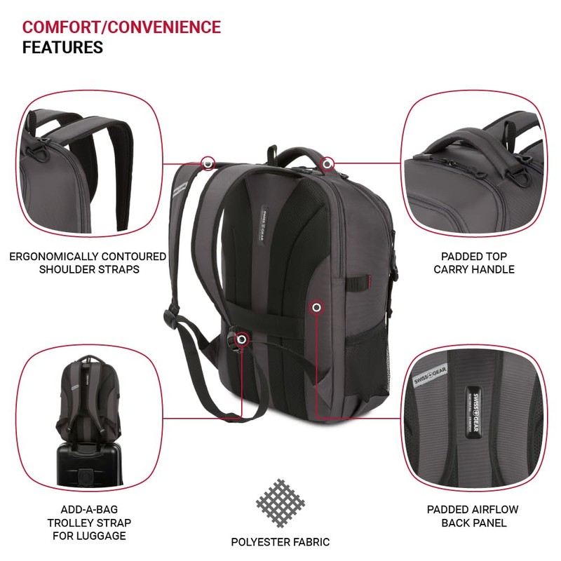 SwissGear Civic Pro Laptop Backpack, Grey, 18"x13.25"x7"