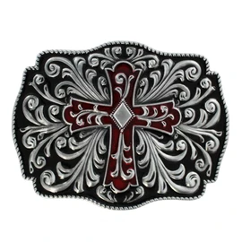eeddoo® Gürtelschnalle - antikes Kreuz rot/schwarz verziert (Buckle für Wechselgürtel für Damen Herren | Belt Frauen Männer Oldschool Rockabilly Metall Gothic Wave Rock Biker Western Trucker Skull)