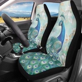 Talayituse Peacock Flower Print Car Front Seat Cover Set of 2, Auto Bucket Seats Protector Universal Car Accessories Interior Decor for Women Men