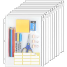 KTRIO Zipper Binder Pocket Letter Size 12 Pack, 3 Holes Zipper Binder Folder for 3 Ring Binder Insert, Clear PVC Loose Leaf Pouch 8-1/2"x 11 Document Filing Storage Bags for Office, School