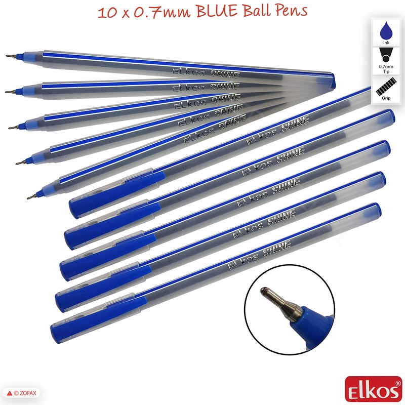 ELKOS BLUE Ballpoint Pens, 0.7mm Fine Point, Pack of 10,