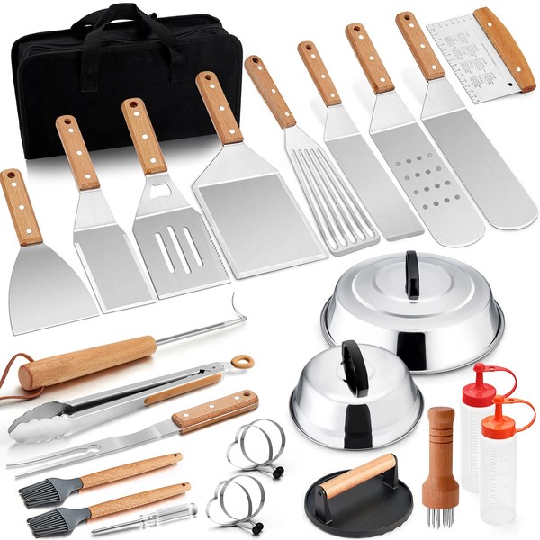 26Pcs Griddle Accessories Kit, Joyfair Flattop Grill Accessory Tools Set for Outdoor Camping BBQ, Include Melting Domes, Stainless Steel Spatula, Scraper, Cast Iron Burger Press, Storage Bag