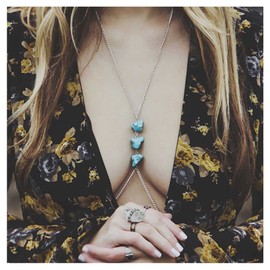 Inilbran Boho Turquoise Crossover Body Chain Turquoise Stone Bikini Harness Chain Necklace Silver Crossover Bikini Chain Body Vintage Turquoise Waist Belly Body Chain Jewelry for Women and Girls