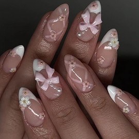 ZSPERKLA 24 PCS Medium Almond Press on Nails White Pink French Tip Fake Nails Cute Bow Acrylic Nails with Glue On Nails for Women Nails Art