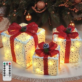 3 Pcs Cajas de Regalo Iluminadas de Navidad, 50 Luces LED con Remote Control, USB Plug In Cajas con Copo de Nieve Dorado, Decoraciones Navideñas para Árbol de Navidad Interiores y Jogares
