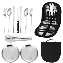 10pcs set of portable knife, fork, spoon, plate, steak clip set, camping picnic, two-person tableware package, outdoor stainless steel tableware set