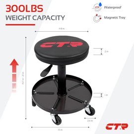 CTR Rolling Mechanic Shop Stool with Magnetic Tool Tray, Heavy Duty Work Stool, Adjustable Garage & Workbench Stool, Shop Stool with Wheels, Creeper Seat Shop Chair