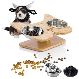 Elevated Dog Bowls Raised Pet Bowl Natural Bamboo Stand with 2 Stainless Steel &1 Slow Feeder Food Bowls Non-Slip Dog Feeder for Puppy Small Dogs and Cats