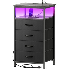 Huuger Night Stand with Charger Station and LED Lights, 4 Drawer Nightstand, Bed Side Table with Open Shelf, End Table, Fabric Dresser for Bedroom, Grey