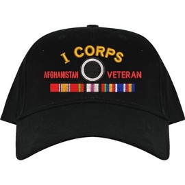 MilitaryBest I Corps Afghanistan Veteran Imported Low Profile Black Embroidered Cap with Ribbons