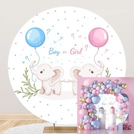 OERJU Elephant Gender Reveal Round Backdrop Cover Boy Or Girl Round Backdrop Pink Blue Balloons Newborn Baby Shower Pregnancy Reveal Party Decoration Photography Background Photo Shoot Prop 6x6ft