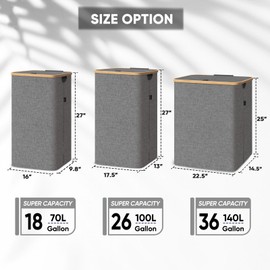 BALEINE Laundry Hamper with Lid, Tall Laundry Baskets with Bamboo Pull Handles, Large Laundry Bin with Internal Support (26 Gal/100L, Beige)