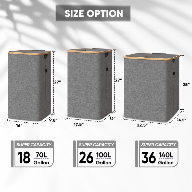 BALEINE Laundry Hamper with Lid, Tall Laundry Baskets with Bamboo