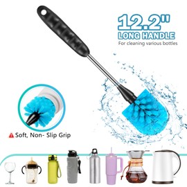 12.2 inch Bottle Brush Set of Three，Washable Coffee Cups, Water Bottles, Baby Bottles, Straws, to-go Cups, Long-Handled 3-in-1 Stainless Steel Bottle Brushes.