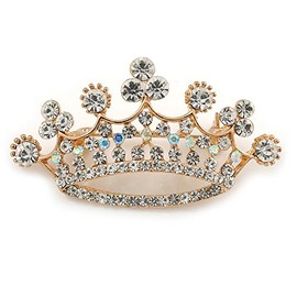 Clear Crystal Crown Brooch In Gold Tone Metal - 50mm W