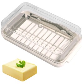 Butter Cutting Box with Stainless Steel Butter Cutter Butter Cutter Container with Transparent Lid Cheese Storage Container Butter Preservation Box Portable Butter Holder for Home Refriger (White)