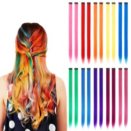 20Pcs Clip In Coloured Hair Extensions, Rainbow Crazy Hair Day for Kids Girls Women, 22 Inch 10 Colours Fake Hair, Crazy Hair Day Gift for Kids