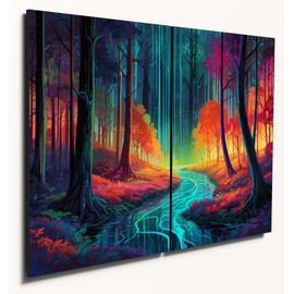 The Plum Penguin Vibrant Dreamscape Wall Art: A4 Dual MDF Wood Panels with Neon Forest Digital Print Canvas Alternative 40 x 30cm