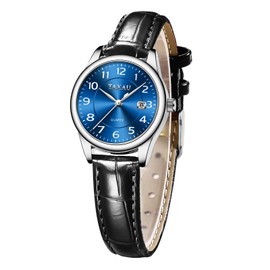 Taxau Leather Bracelet Women's Watch Business Casual Fashion Luxury Women's Watch with Date Display Sophisticated Women's Watch Waterproof Quartz Movement Women Watch, Black leather strap blue