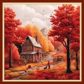 Funxvoot Stamped Cross Stitch Kits Beginners Full Range of Embroidery Kits for Adults 11CT Embroidery Patterns Needlepoint kits Printed Cross Stitch Kits - (Deep Autumn Scenery 18x18 inchs)