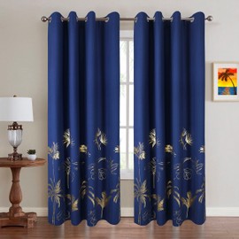Chlophy Navy Blue Blackout Curtains for Bedroom, Gold Palm Trees Curtains, Leaves Blackout Curtain, Foil Printed Royal Blue Curtains, Luxury Eyelet Living Room 46×54 Short Thermal