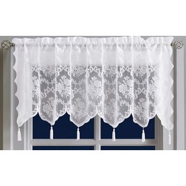 Warm Home Designs White Lace Valance 54 W x 22 L Size. Luxury White Valance with 6 Tassels for Kitchen, Dining Room or Bathroom. Lace Kitchen Valance for Vintage Kitchen Décor. MC White 22"