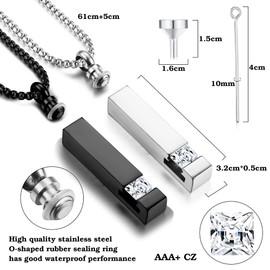 Finrezio 2 Pieces Cremation Urn Pendant Necklace for Memorial Stainless Steel Black Silver Ash Necklace Jewellery Keepsake with Zirconia, Stainless Steel, No Gemstone
