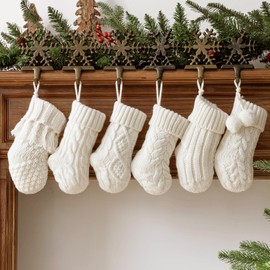 Pawliss Mini Knitted Christmas Stockings: 6 Pack 9 Inch Beige Cable Knit Fireplace Stockings, Rustic Boho Style Cozy Handmade Hanging Xmas Stocking Decorations for Family Holiday Décor, Cream White