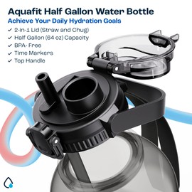 AQUAFIT 64 oz Water Bottle with Time Marker - 2in1 Straw & Chug Lid - BPA Free Big Water Bottle with Straw - Gym Water Bottle with Strap - Water Jug (64 Ounces, Gray)