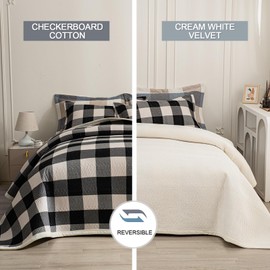 tohrisa Cotton Plaid Quilt Set, Ultra Soft 3 Pieces Queen Size Bedding with 2 Pillow Shams, Lightweight Reversible Coverlet Bedspread with Wave Quilting for Summer, 90"x96", Grid-Black White