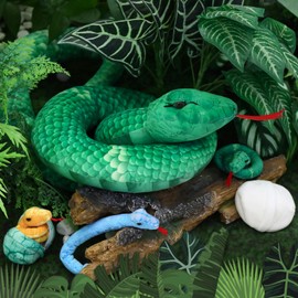 MorisMos Giant Snake Stuffed Animal Mommy with Babies & Eggs,Realistic Stuffed Snake Plush Toys for Kid Girl Boy 3 5 7 8 12,Long Green Boa Constrictor Anaconda Toys,Python Gift for Halloween Christmas