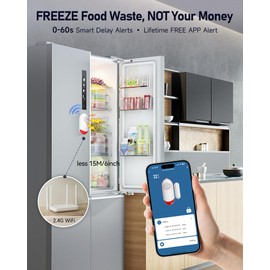 PILSAMAS Smart WiFi Freezer Refrigerator Door Alarm with APP Alerts, No Subscription Fee, 0-60s Delay, Scheduled Arm/Disarm, 0-120dB Adjustable Siren with Light for Fridge/Home/Commercial