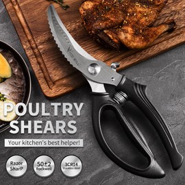 ECO-WILL Heavy Duty Kitchen Poultry Shears with 2 Springs, Non-Slip Handle & Safety Lock, Dishwasher Safe, Stainless Steel Scissors for Meat, Chicken, Bones, Fish, Vegetables, and More
