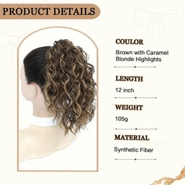 VEGALILY 12 inch Hair Extensions Clip in Brown with Caramel Blonde Highlights Ponytail extension Short Curly Claw Clip Ponytail Synthetic Drawstring ponytail Hair Pieces for Women for Daily Use