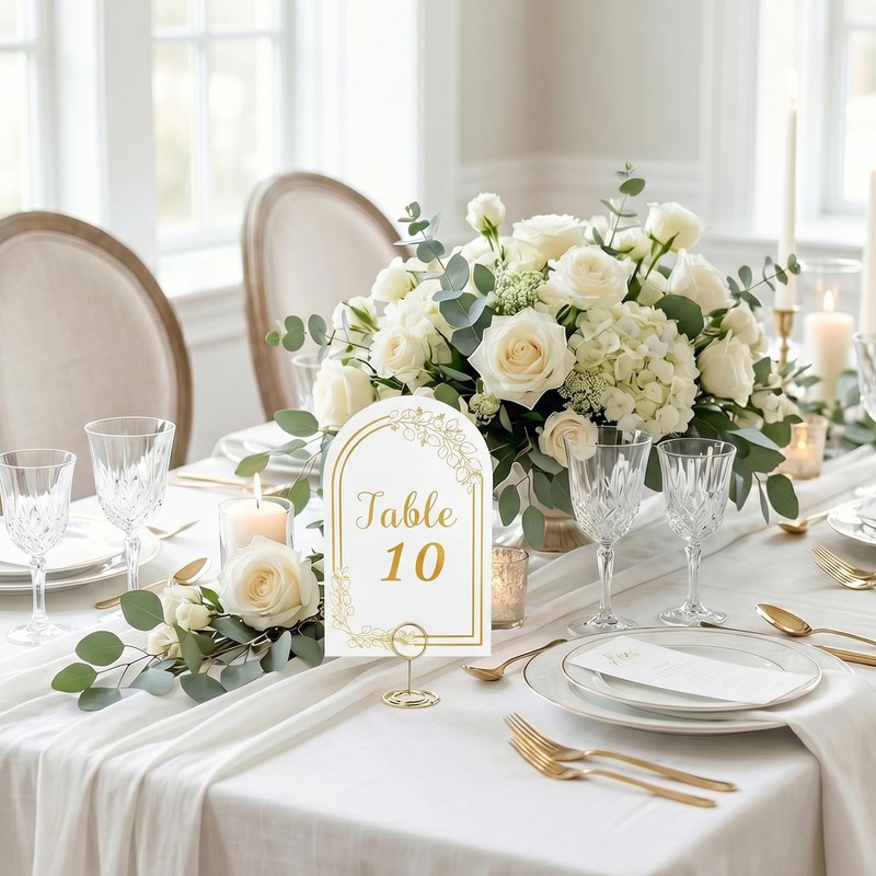 4x6 Inch Wedding Table Numbers 1-20 with Gold Holders (White)