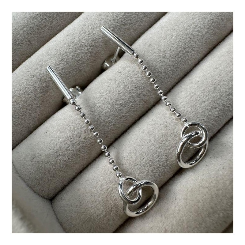 Sterling Silver Circle Bar Beaded Chain Stud Drop Earrings