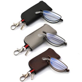 touk Half frame Reading Glasses Anti Blue Light, Folding Half Moon Readers with Portable Keychain Bags for Men Women 3 Pack Black/Gunmetal/Brown +1.0