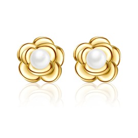 Silver Stud Earrings for Women Grils, Gold Hypoallergenic Camellia Flower Freshwater Pearl Stud Earrings Jewellery Gifts for Birthday Christmas