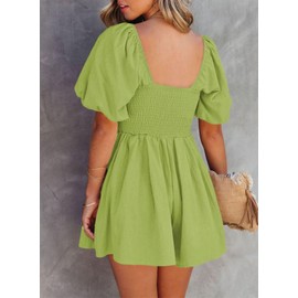 AlvaQ Rompers for Women 2025 Cute Short Jumpsuit with Pockets Casual Solid Color Puff Sleeve Square Neck Babydoll Mini Dress Shorts Romper Jumpsuits,Green,Medium
