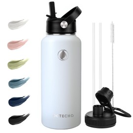 OcTecho Metal Water Bottle with Straw, 950ml Stainless Steel Water Bottle 2 Leakproof Lids, BPA Free Double Walled Vacuum Insulated Water Bottles Thermal for 12h Hot & 24h Cold,for Man,Woman-White