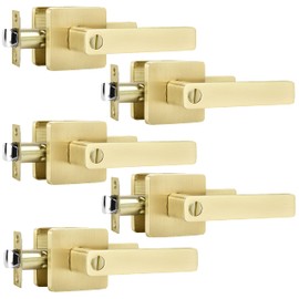 Leydebong 5 Pack Heavy Duty Privacy Door Lever Door Handle(Thumb Turn Inside Lock) for Bedroom or Bathroom with A Light Satin Brass Finish, Left or Right Handing