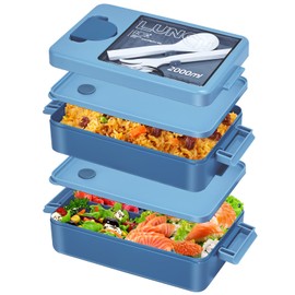 Doppellagige Lunch Box 2000ML, Brotdose mit 4 Behältern 2 Trennwände, Bento Box mit Besteck (Löffel und Gabel), Geeignet Für Mikrowelle und Spülmaschine, Brotdose Kinder Für Schule, Arbeit