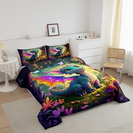 Castle Fairy Cute Dragon Comforter Set Full Size Mushroom Floral Butterfly Bedding Set Toddler Bedroom Decor Purple Orange Wings Dragon All Season Quilt Set Dreamy Jungle Bedding Comforter Sets,3Pcs