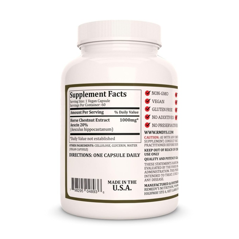 Remedy's nutrition Horse Chestnut Extract Aescin 20% - 1,000mg, 60