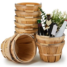 Marsui 10 Pcs Round Wooden Berry Baskets Small Bushel with Handles for Gifts Empty Basket Fruit Buckets for Picking Strawberry Fruits Flowers Crafts Home Wedding (Natural Wood)