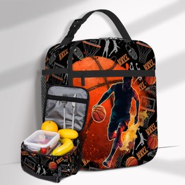 Wsotce Basketball Kids Lunch Box for Boys Girls Basketball Sport Insulated Lunch Bag Tote Cooler Reusable Ball Themed Lunchbox with Shoulder Strap for School Office Picnic Work Travel