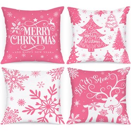 Lanpn White and Pink 45x45 Christmas Pillow Covers Set of 4, Decorative 45 cm Winter Snowflake Throw Pillow Case Xmas Cushion Cover for Indoor House Sofa Pink
