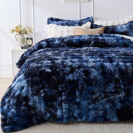 Peace nest Fluffy Rabbit Faux Fur Bedding King Comforter Set Ultra Soft Plush Winter Tie-Dye Bubble Sherpa Reversible Comforters 3 Pieces Sets with 1 Comforter 2 Pillow Shams Navy