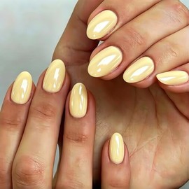 SXVME Uñas postizas cortas ovaladas de cromo amarillo mate, 32 piezas de uñas postizas gruesas y bonitas con acabado brillante y diseño de espejo, uña